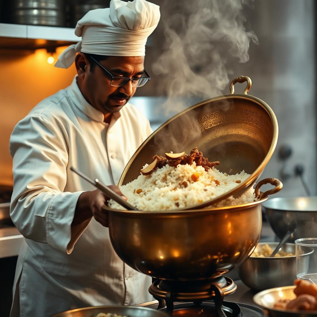 Chef preparing biryani in a large brass handi