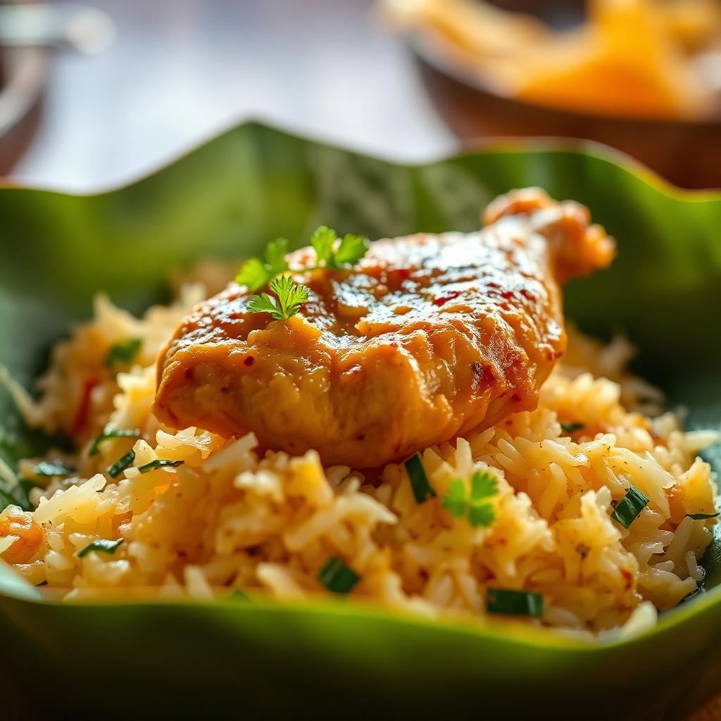 Close-up of donne biryani in a green leaf bowl