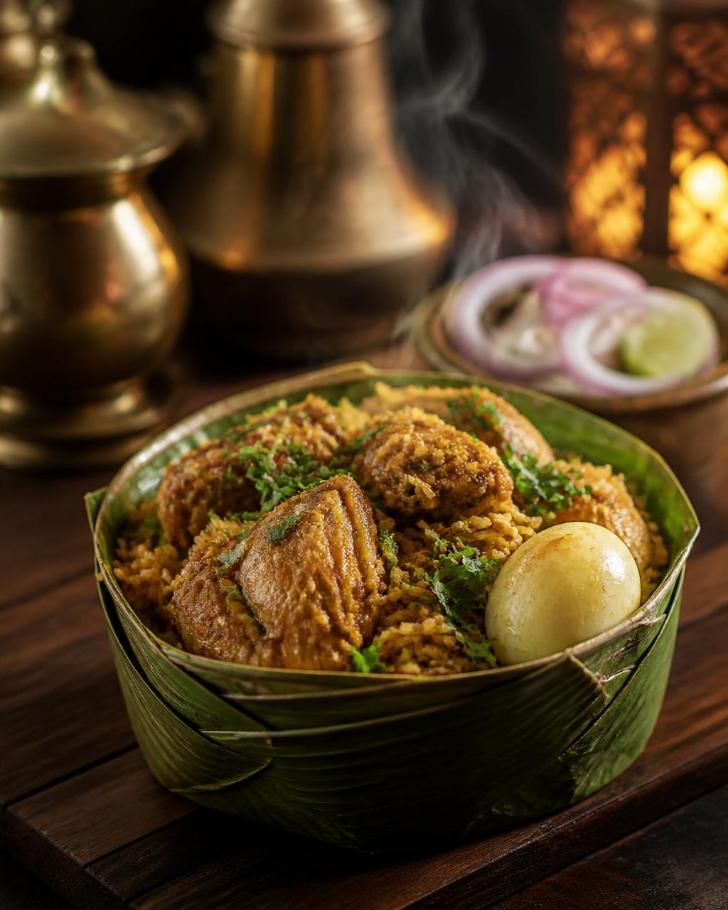 Authentic Karnataka Donne Biryani served in a traditional green palm-leaf bowl